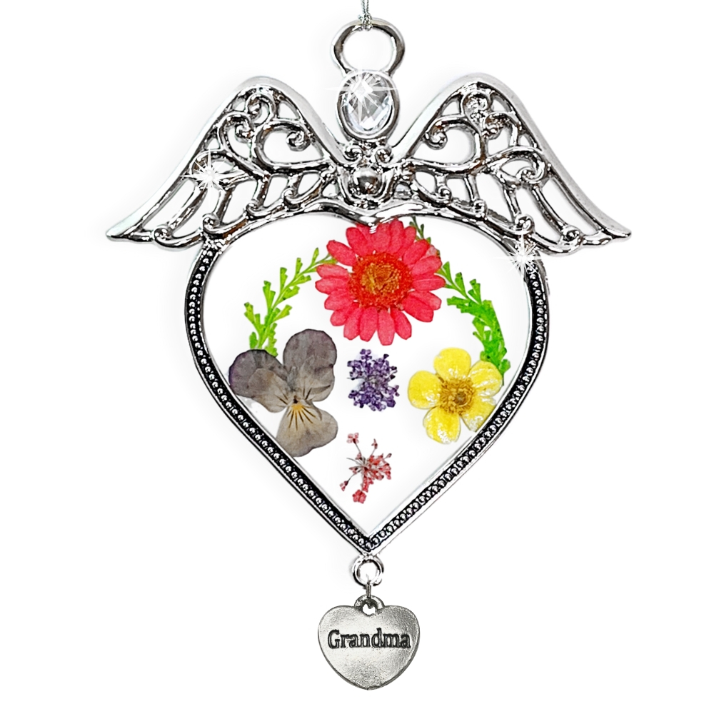 2183 -  Grandma Angel Heart Pressed Flower Suncatcher
