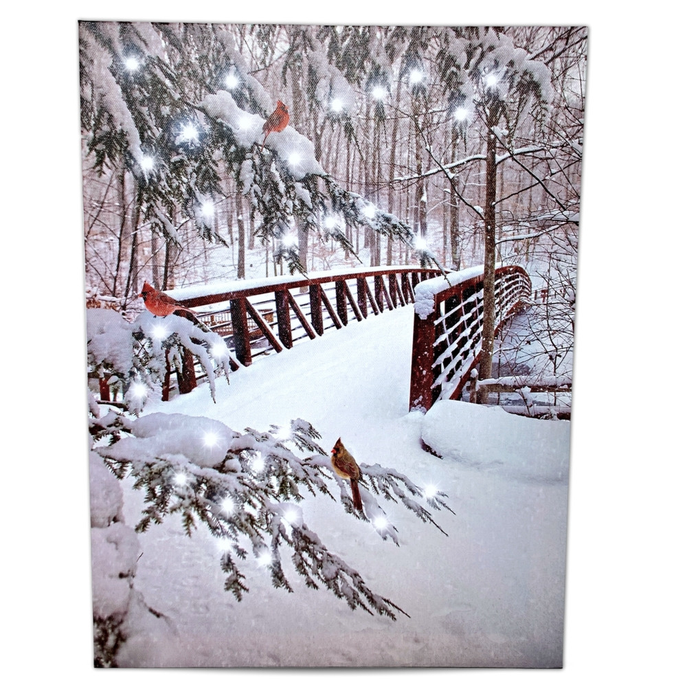 2663 - CANVAS PRINT- CARDINALS ON SNOWY BRIDGE