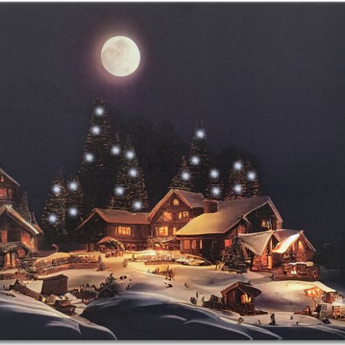 2691 - LED CANVAS PRINT- SNOWY VILLAGE AT NIGHT