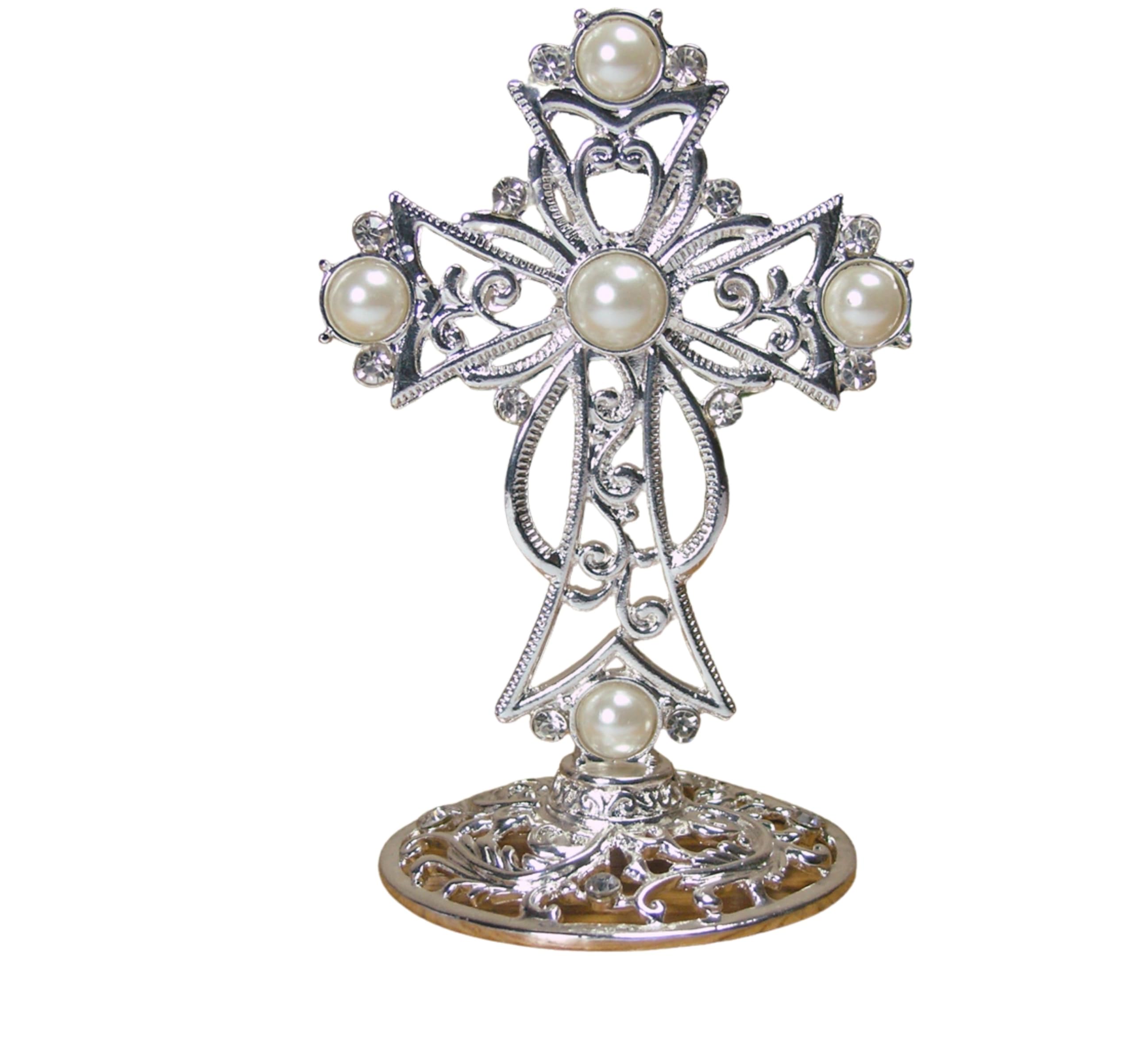 2879 - SILVER FILIGREE CROSS WITH PEARLS ON BASE
