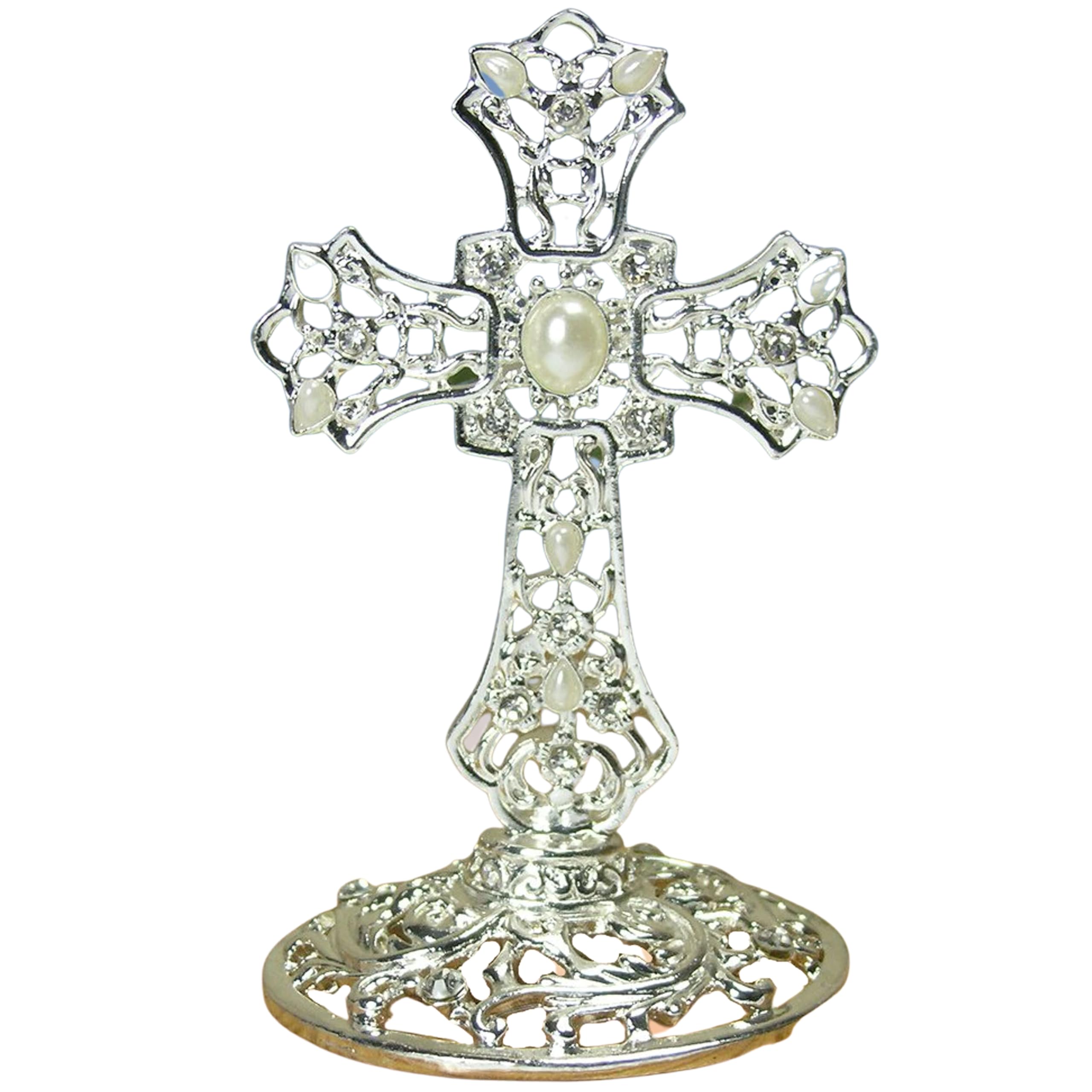 2880 - SILVER FILIGREE JEWELLED CROSS WITH PEARLS ON BASE