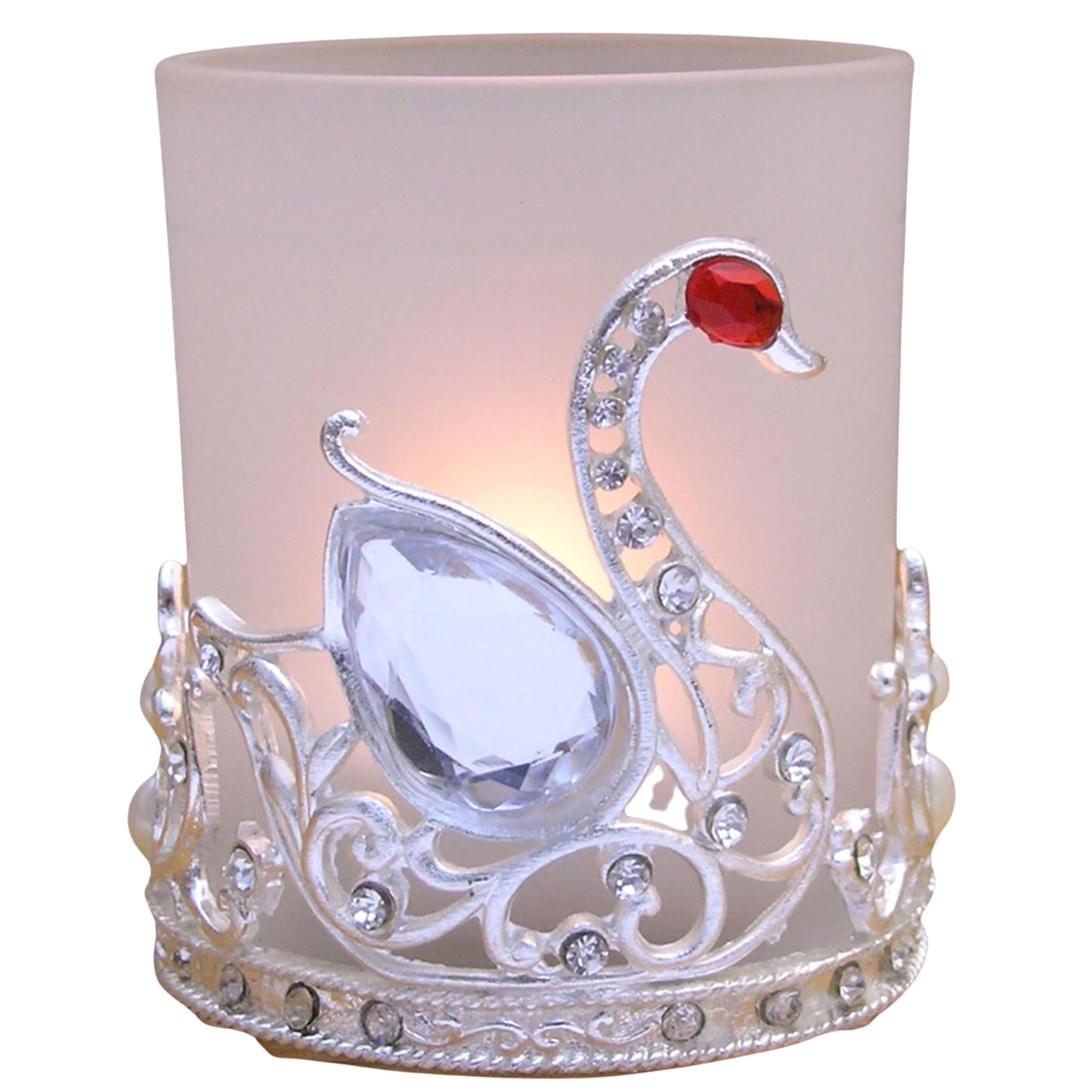 2885 - SILVER JEWELLED SWAN w/GLASS CANDLEHOLDER