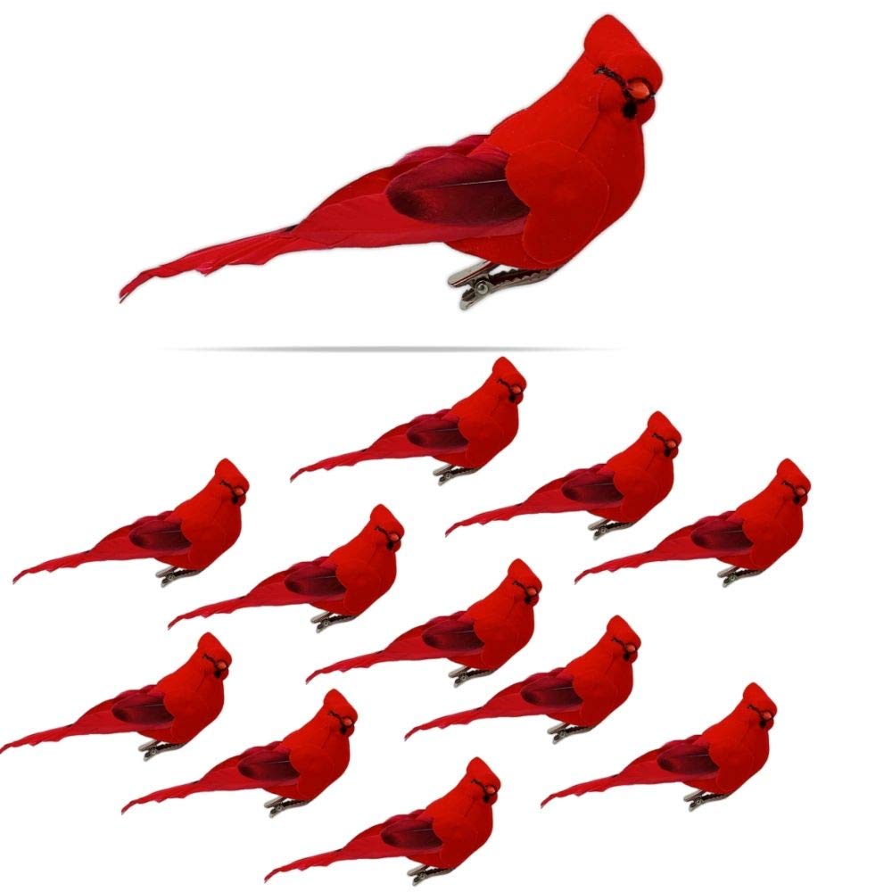 3610 - SET/12 -CARDINAL CLIP ON BIRDS - 5" LONG