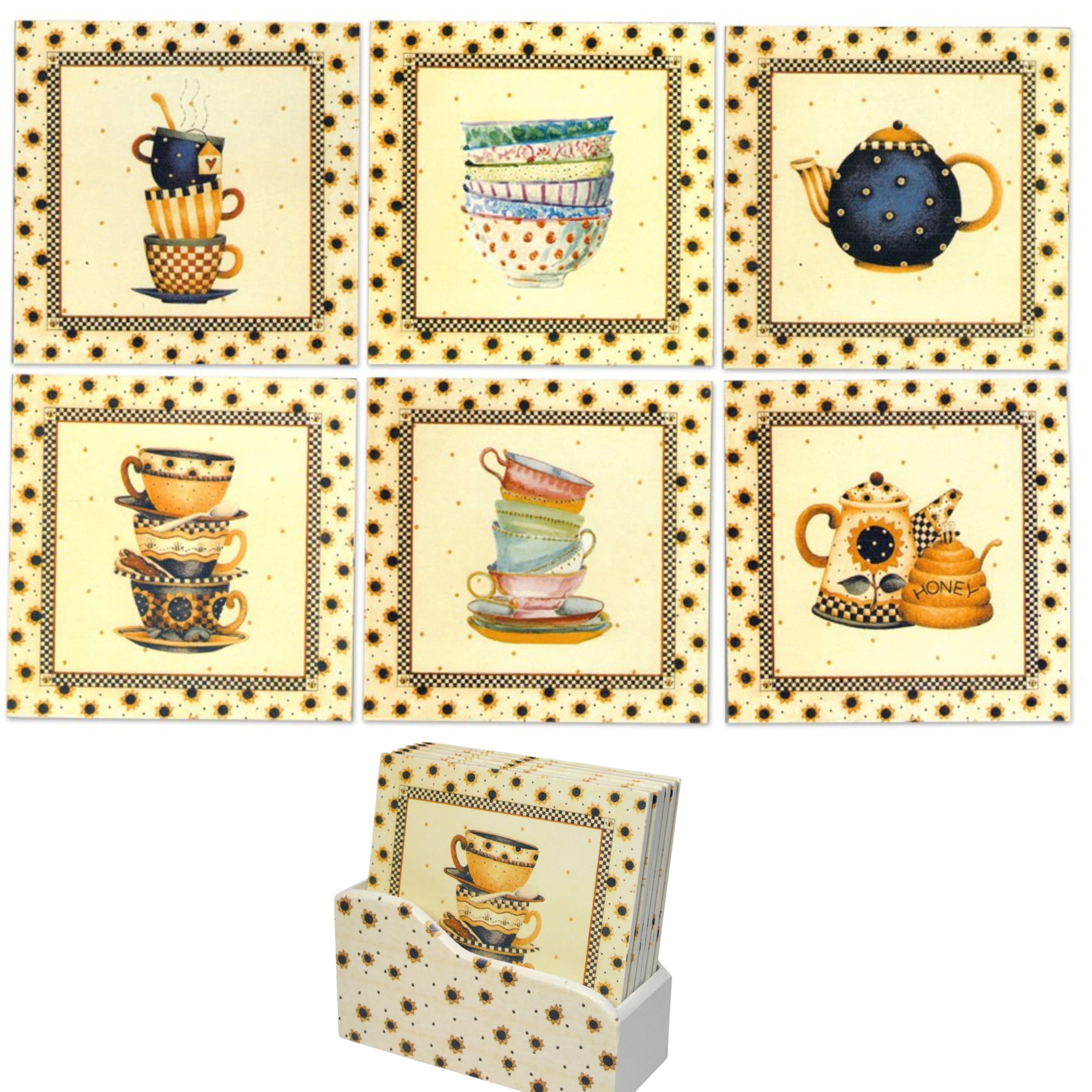 4705 - SUNFLOWER SQUARE COASTERS Each is 4"x4" SET/6 w?Holder