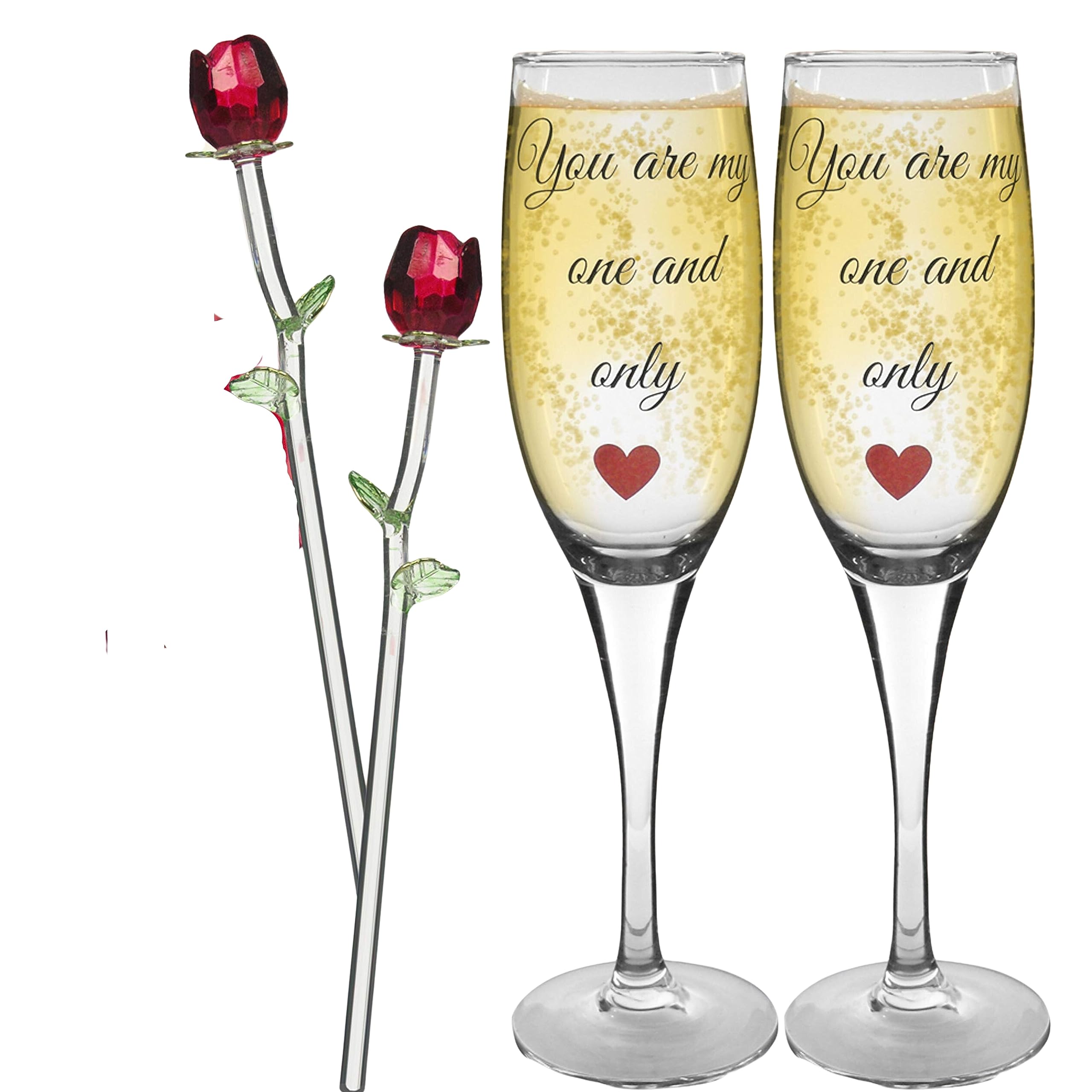 6054-2 - 2 CHAMPAGNE FLUTES W/2 RED ROSES/MY ONE & ONLY