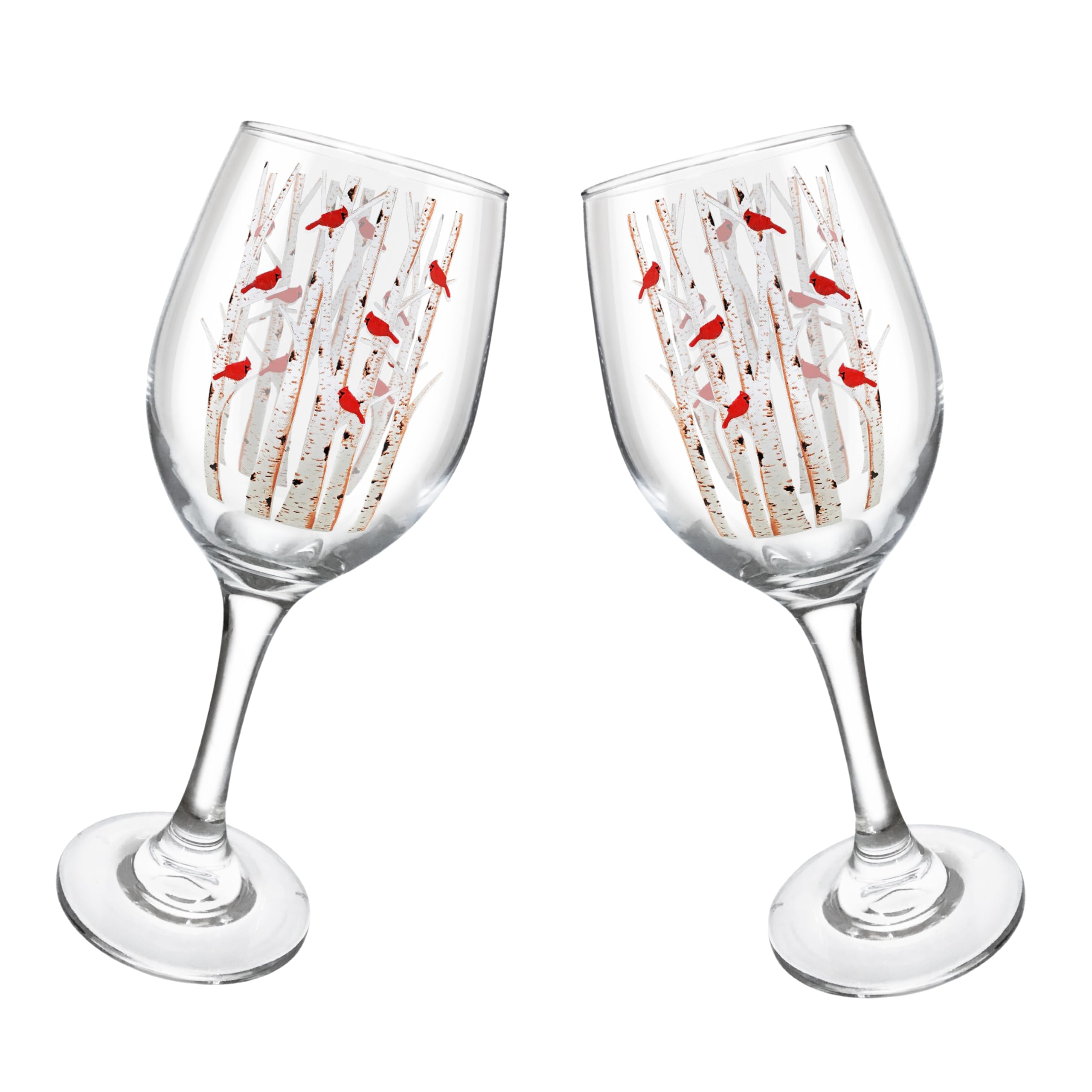 6072 - CARDINALS & BIRCH TREES STEMMED WINE GLASSES - S/2