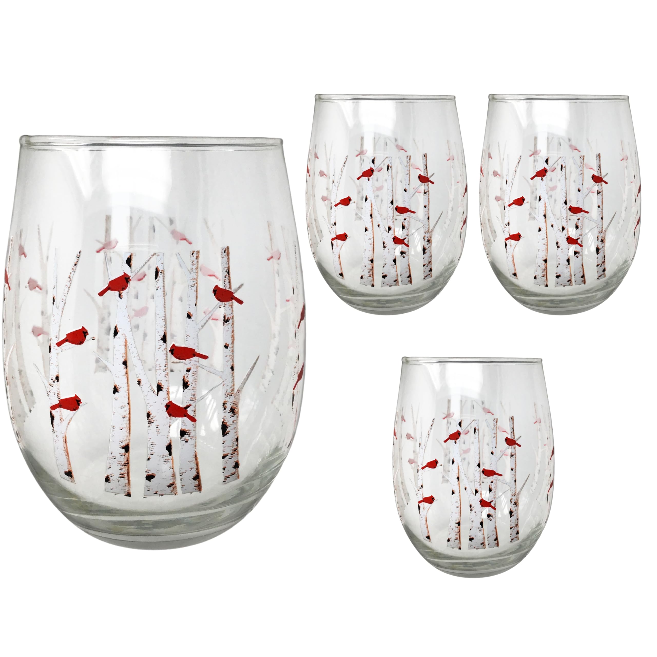 6073 - CARDINALS & BIRCH TREES STEMLESS WINE GLASSES - S/4