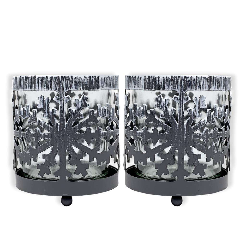 9304 - SET/2 -SNOWFLAKE ROUND METAL w/GLASS CANDLEHOLDERS