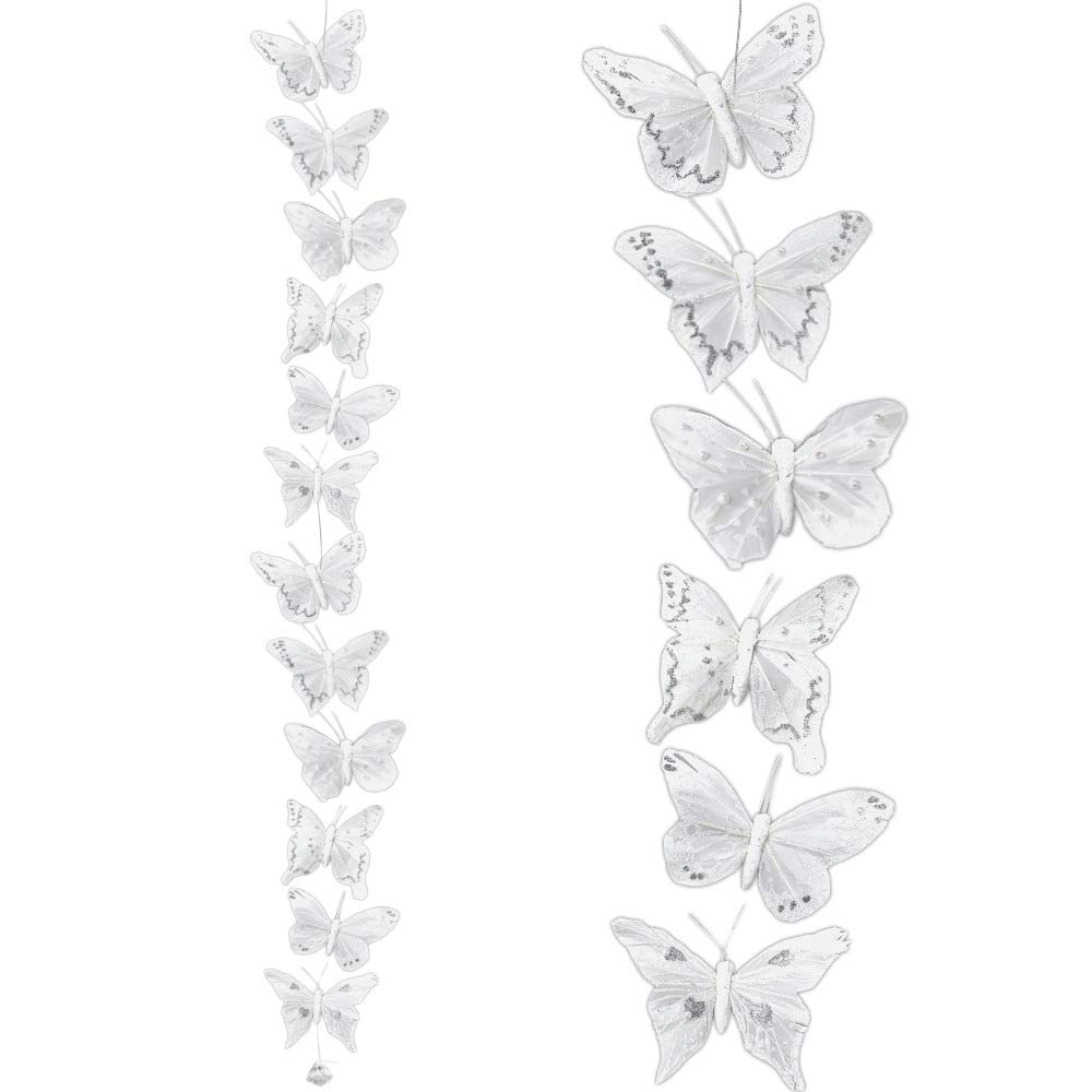 3623 - SET/12 -WHITE GLITTERED BUTTERFLY GARLAND -44" LONG