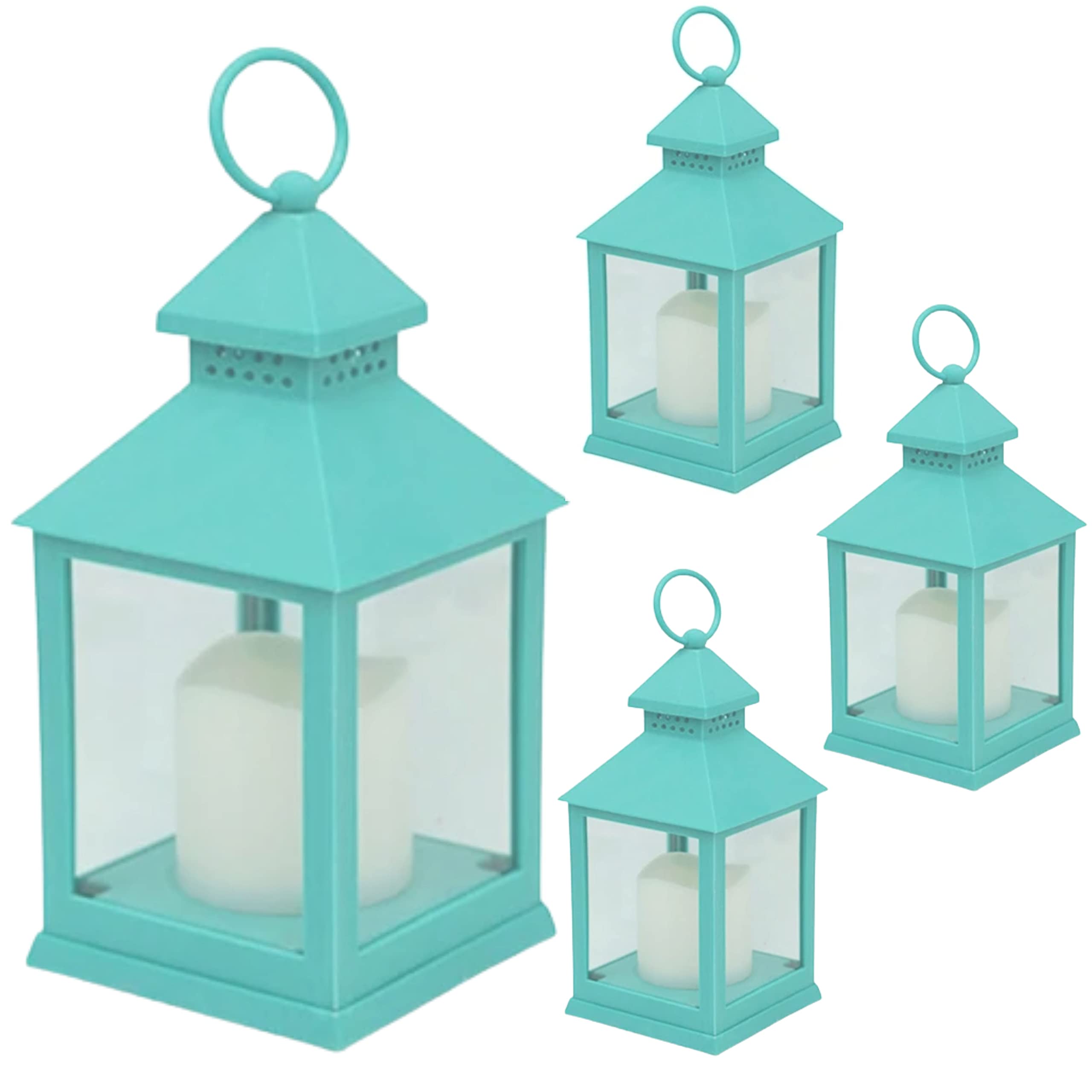 9634-4T - SET/4 -LED TEAL 9 3/8" LANTERNS - 11" H