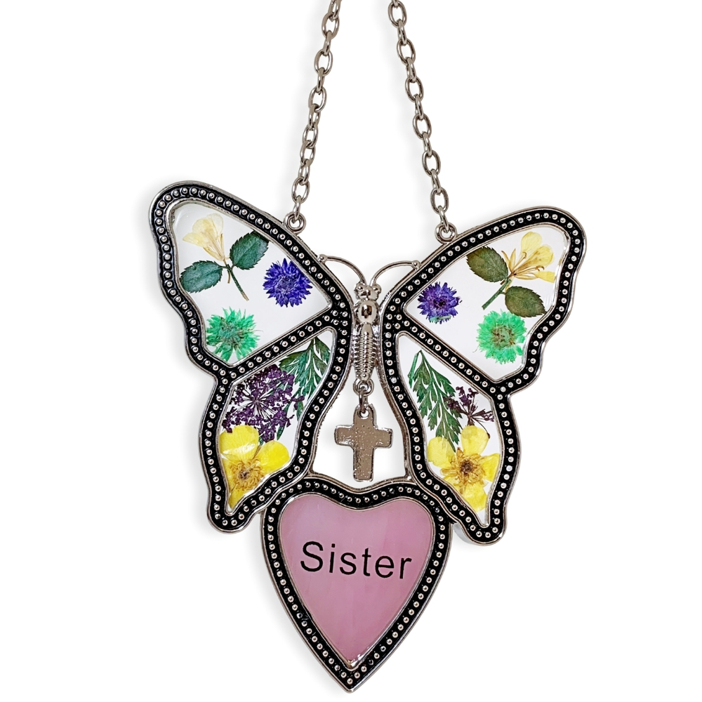 2186 - SISTER PRESSED FLOWER BUTTERFLY W/HEART SUNCATCHER