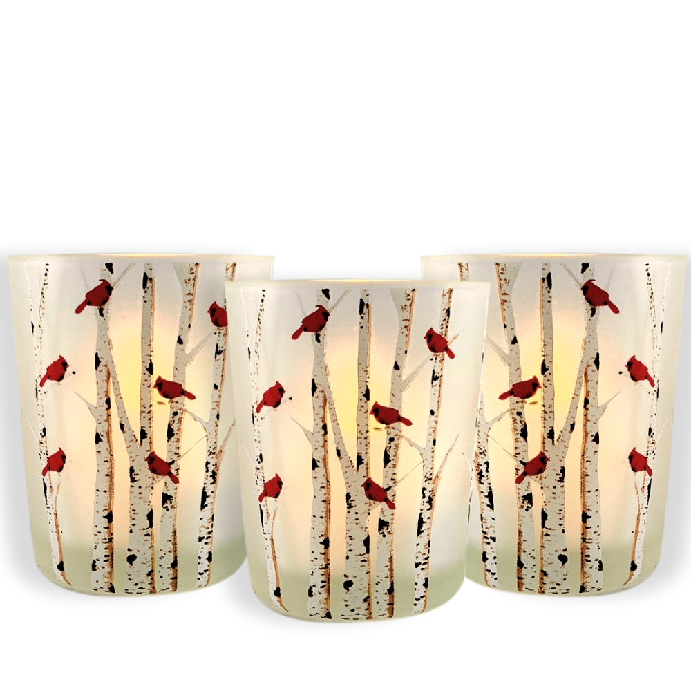 9735 - CARDINALS/TREES GLASS VOTIVE HOLDERS