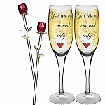 6054-2 - 2 CHAMPAGNE FLUTES W/2 RED ROSES/MY ONE & ONLY