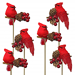 3614P - SET/6 -CARDINAL,PINECONE & BERRIES ON WOOD PICK -3.5"-3614P