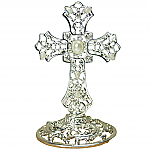 2880 - SILVER FILIGREE JEWELLED CROSS WITH PEARLS ON BASE